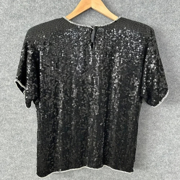 Vintage Sarin Sequin Top Womens S / M Beaded Black Silver Floral Silk 80s Blouse - Picture 4 of 15